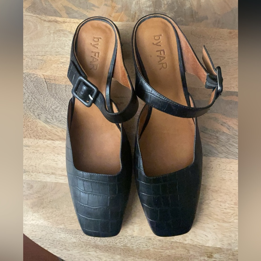 By Far Mira Croc Embossed Mules in Black